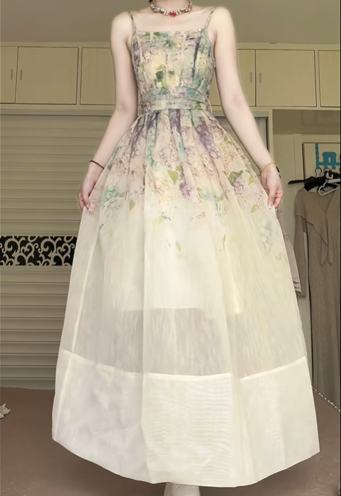 Vintage Oil‑Painting Floral Print Spaghetti Strap Long Evening Gown, Square Neck A‑Line Pleated Organza Formal Prom Dress gh9016
