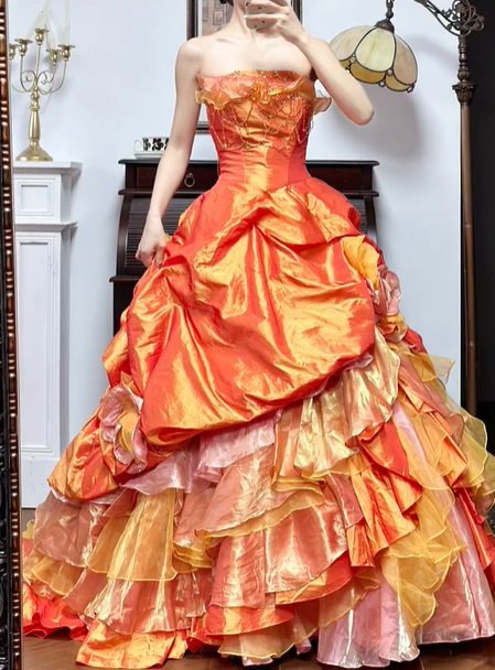 Orange‑Gold Ombre Vintage Strapless Prom Gown, Beaded Bodice, Fitted Waist, Draped Ruffle Details, Multi‑Layer Ruffled Cake Ballgown Skirt, Vintage Oil‑Painting Style Evening Prom Dress gh8772