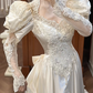 Ivory Vintage Satin Wedding Prom Dress, Square‑V Neck, Leg‑of‑Mutton Puff Sleeves, Lace Appliqués, A‑Line Scalloped Lace Long Train gh8673