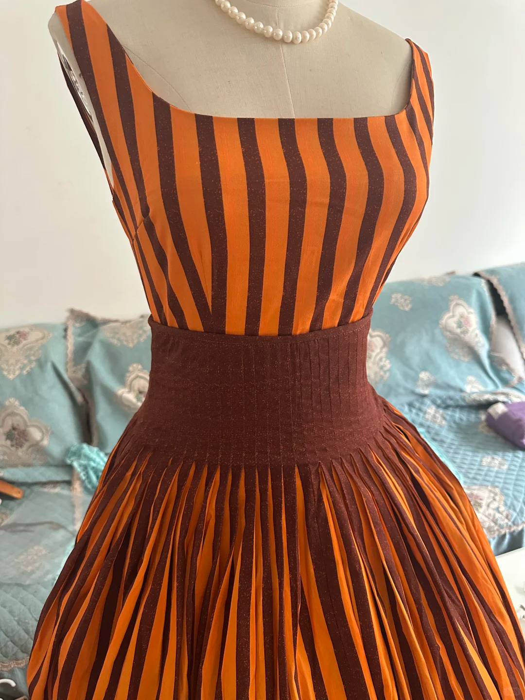 Orange‑Brown Vertical Stripe 1950s Vintage Midi Dress, Square Neck Sleeveless Wide High Waist Pleated Swing Skirt Retro Evening Gown gh9085