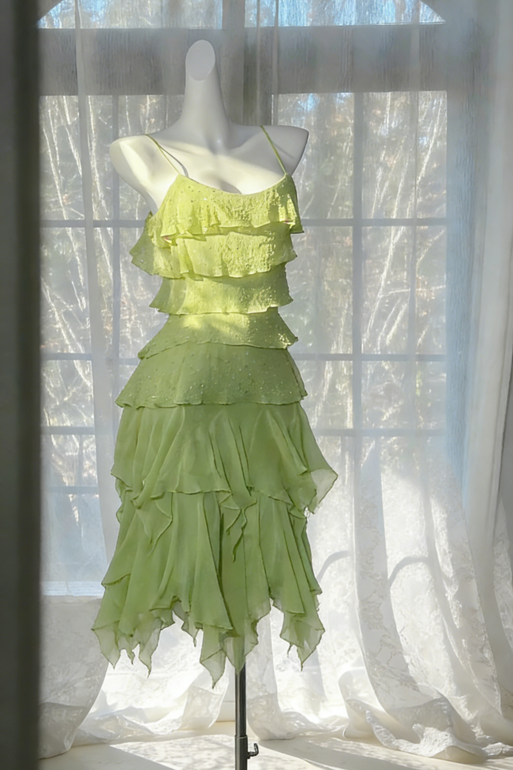 ✨Robe à sequins vert citron à volants - Robe de soirée asymétrique à bretelles fines gh6941