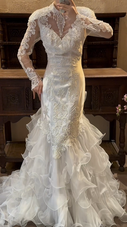 White Vintage Mermaid Wedding Gown, High Neck Illusion Long Sleeve Lace Beaded Appliqué Ruffled Tulle Train Bridal Dress gh9065