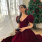 Burgundy Velvet V Neck Short Puff Sleeve Beaded A-Line Long Floor Length Ball Gown Evening Dress Christmas Party Dress gh3042