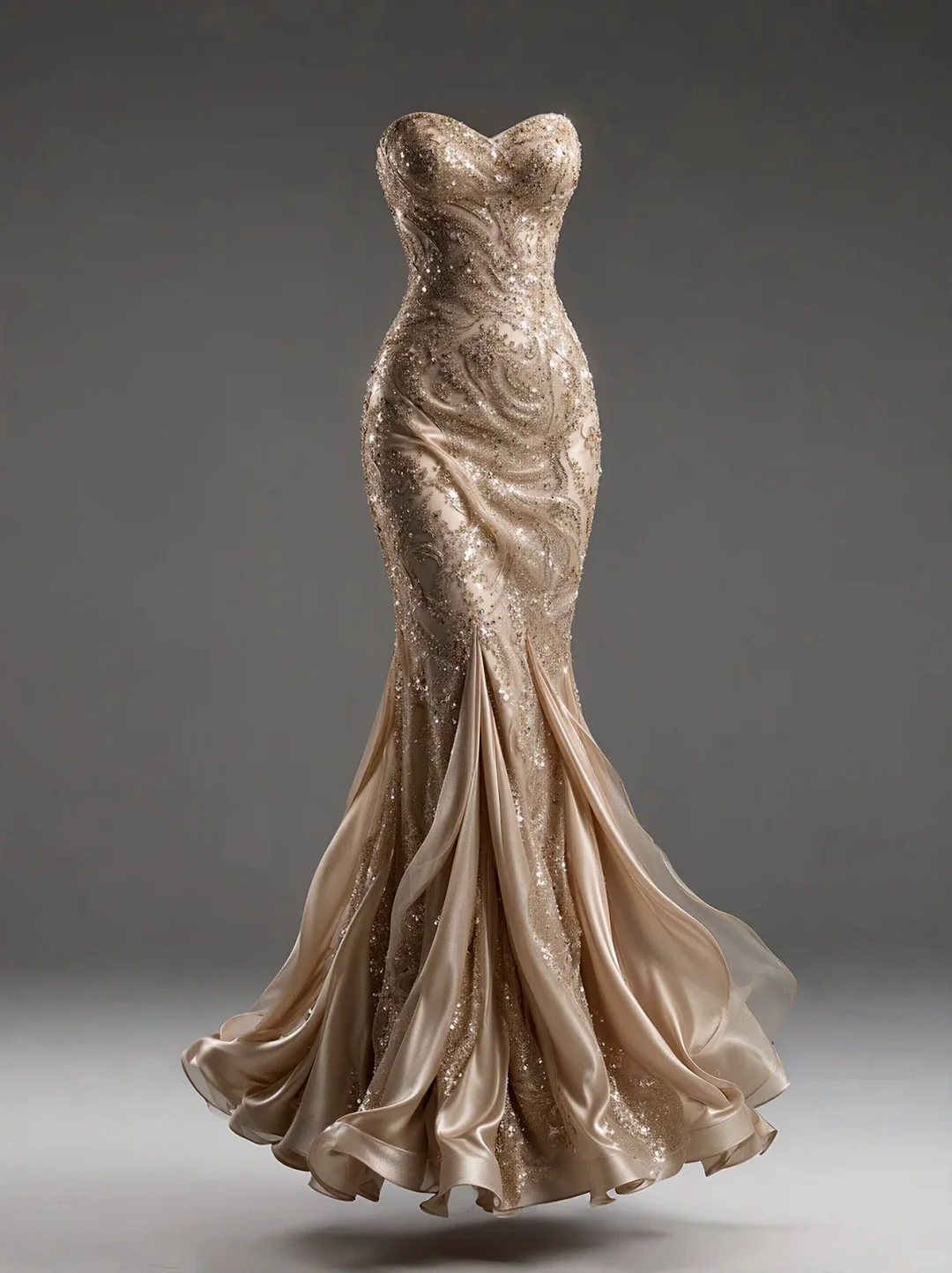 ✨Girlhomeshops-Sweetheart Strapless Champagne Gold Fully Beaded Mermaid Gown gh10507