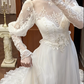 Ivory Vintage Tulle Wedding Prom Dress, High Neck Illusion Sweetheart, Leg‑of‑Mutton Puff Lace Sleeves, Lace Appliqués, Multi‑Tier Lace Long Train gh8683