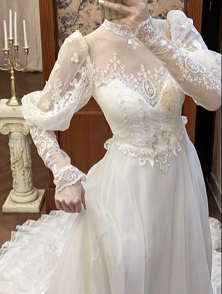 Ivory Vintage Tulle Wedding Prom Dress, High Neck Illusion Sweetheart, Leg‑of‑Mutton Puff Lace Sleeves, Lace Appliqués, Multi‑Tier Lace Long Train gh8683