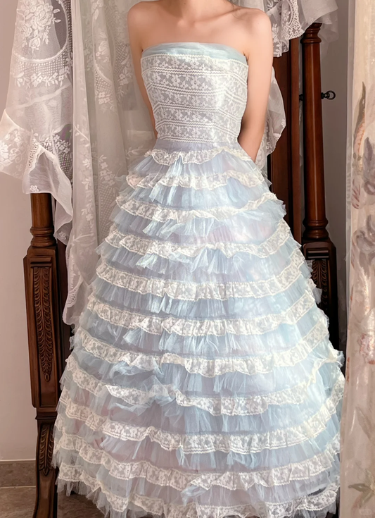 Light Blue Strapless Vintage Tiered Tulle Cake Gown, Lace Party Dress gh9320