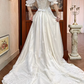 Ivory Vintage Lace Empire Waist Wedding Prom Dress, V‑Neck Tulle Puff 3/4 Sleeves, Gem Lace Appliqués, Full Lace Long Train gh8703