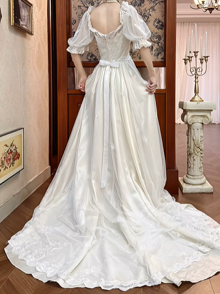 Ivory Vintage Lace Empire Waist Wedding Prom Dress, V‑Neck Tulle Puff 3/4 Sleeves, Gem Lace Appliqués, Full Lace Long Train gh8703