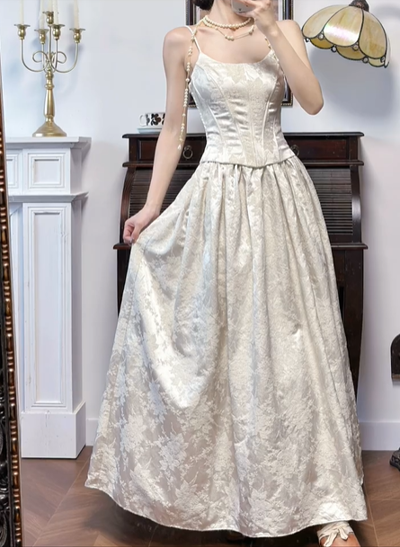 Ivory Beige Vintage Jacquard Satin Prom Gown, Thin Spaghetti Straps Sweetheart Neckline, Corset Boned Fitted Bodice, Pleated Full A‑Line Long Skirt, Floral Jacquard Fabric, Vintage Long Evening Prom Dress gh8782