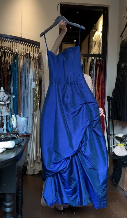 Spaghetti Strap Royal Blue Satin Prom Dress Draped Tiered Ruffle Formal Evening Gown gh9811