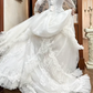 White Vintage Tulle Wedding Gown, V‑Neck Leg‑of‑Mutton Puff Long Sleeves, Tulle Lace Embroidered Long Sleeves, Heavy Lace Appliqués Fitted Bodice, A‑Line Long Train With Multi‑Layer Ruffle Lace Hem, Prom & Wedding Dress gh8666