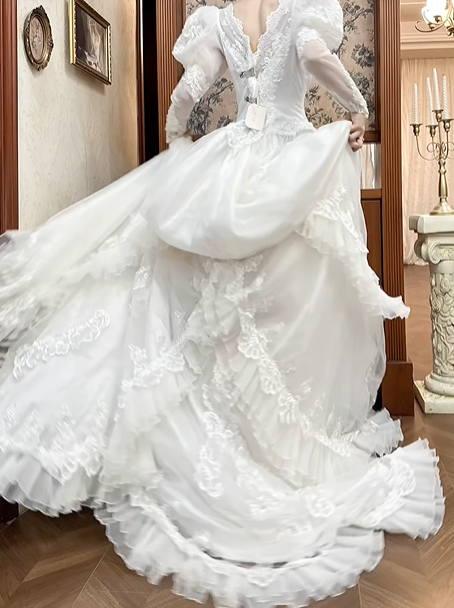 White Vintage Tulle Wedding Gown, V‑Neck Leg‑of‑Mutton Puff Long Sleeves, Tulle Lace Embroidered Long Sleeves, Heavy Lace Appliqués Fitted Bodice, A‑Line Long Train With Multi‑Layer Ruffle Lace Hem, Prom & Wedding Dress gh8666