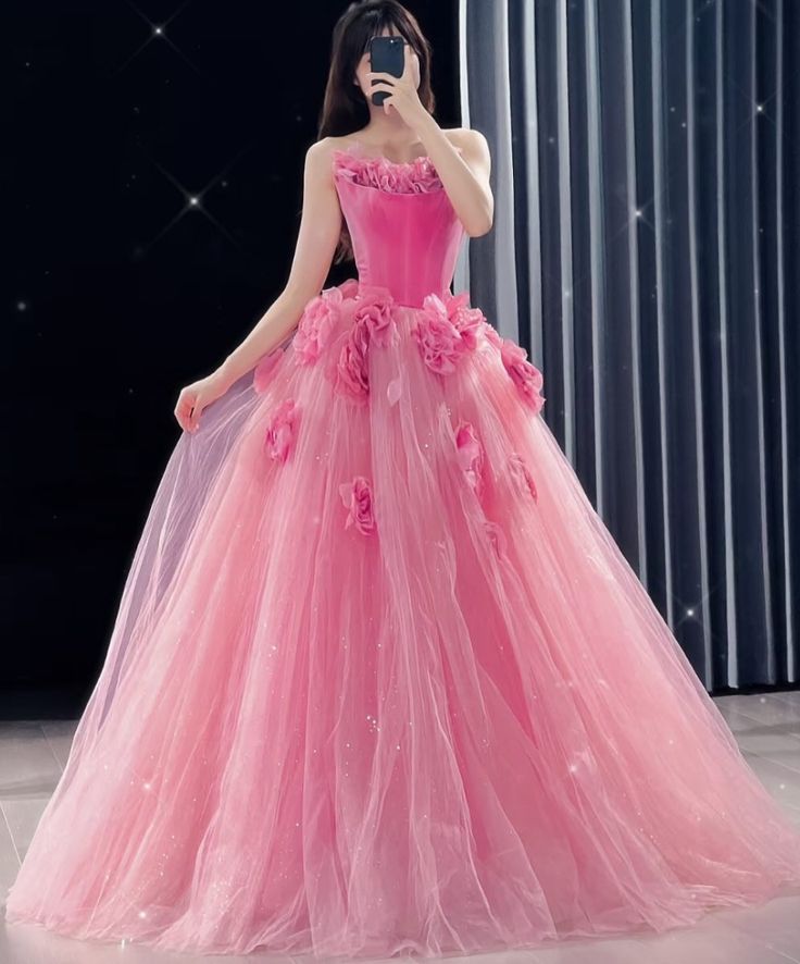 Rosa Blumen Langes Samt Tüll Quinceanera Kleid Ballkleid Abendkleid gh4885