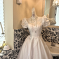 White Puff Sleeve Square Neck Satin Waist-Cinched Fitted Full Flared Romantic Dress, Wedding Gown gh7544