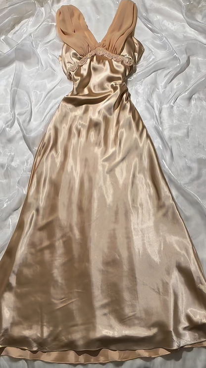 Elegant Champagne Gold Satin Fitted Waist Slim Prom & Evening Party Dress gh8517