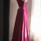 Fuchsia One‑Shoulder Satin Evening Gown, Waist Cutout Ruched High‑Slit Formal Prom Dress gh9125