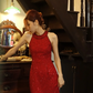 Red Halter Mermaid Prom Dress Hand Beaded Sequin Front Slit Long Evening Gown gh9861