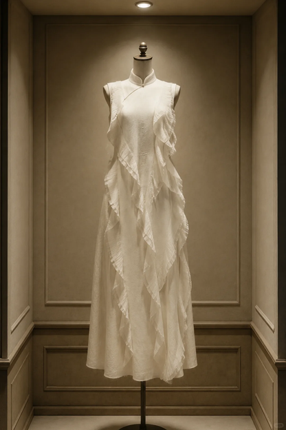 ✨Girlhomeshops-Off White Cascading Ruffle Flowy Long Cheongsam Qipao gh10443