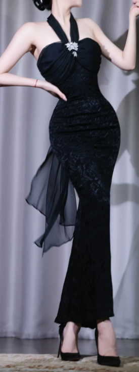 ✨Girlhomeshops-Black Halter Lace Prom Gown Ruched Sweetheart Mermaid Evening Dress with Rhinestone gh10079