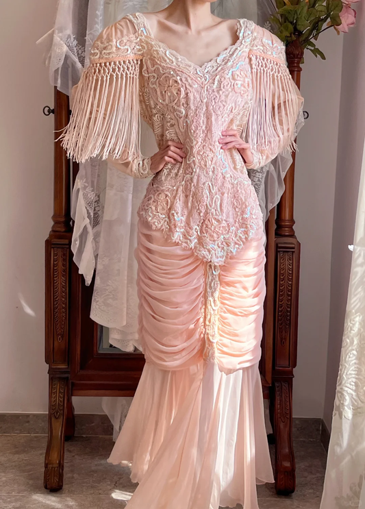 Light Peach Pink Vintage Fringe Mermaid Long Gown, Sequin Lace Formal Dress gh9301