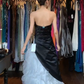 Strapless Black White Contrast Prom Dress, Rhinestone Ruched Asymmetrical Tiered Ruffle Organza Evening Gown gh9774