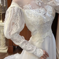 Ivory Vintage Wedding Gown, Illusion High Neck, Lace Appliqué Puff Long Sleeves, Lace Empire Waist, Flowy Full‑Length Skirt, Multi‑Layer Lace Hem, Long Lace Train, Bridal Prom Dress gh8729