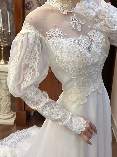Ivory Vintage Wedding Gown, Illusion High Neck, Lace Appliqué Puff Long Sleeves, Lace Empire Waist, Flowy Full‑Length Skirt, Multi‑Layer Lace Hem, Long Lace Train, Bridal Prom Dress gh8729