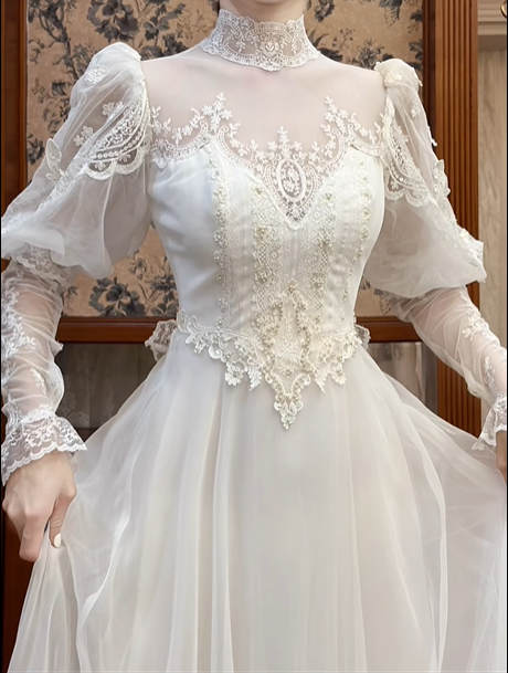 Ivory Vintage Tulle Wedding Prom Dress, High Neck Illusion Sweetheart, Leg‑of‑Mutton Puff Lace Sleeves, Lace Appliqués, Multi‑Tier Lace Long Train gh8683