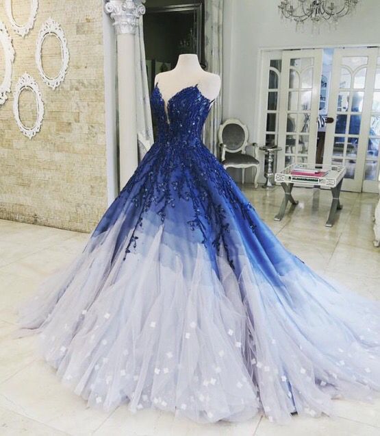 Blue Shiny Elegant V-Neck Applique Gradient Long Ball Gown Prom Dress Evening Dress Adult Ceremony Dress gh3104