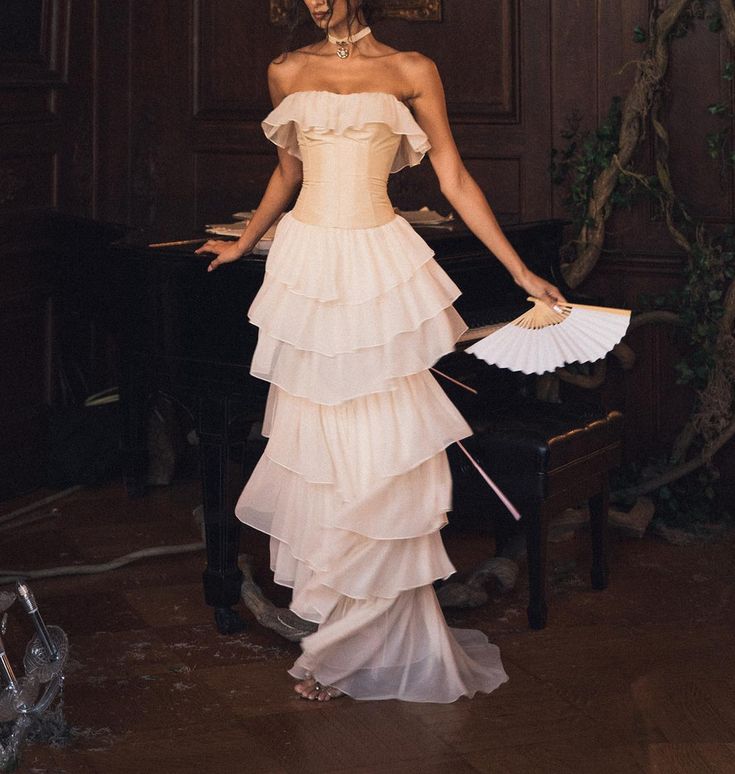 Robe de soirée blanche vintage en mousseline de soie, coupe trapèze, épaules dénudées, longue, à volants, robe de bal, gh3658