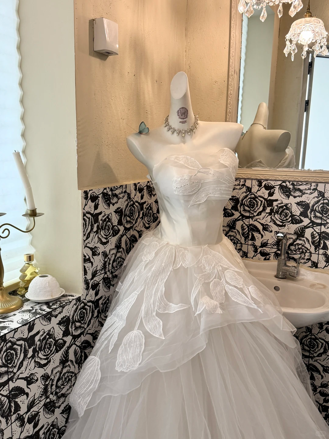 White Strapless Printed Waist-Cinched Puffy Skirt Romantic Dress, Wedding Gown gh7569