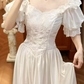 White Satin Vintage Illusion V‑Neck Puff Short Sleeve Lace Ruffle Fitted Waist Ball Gown Prom Dress, Wedding Dress gh8616