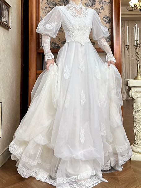 White Vintage Tulle Wedding Gown, Lace High Neck Over V‑Neck, Lantern Puff Long Sleeves, Lace Appliqués Fitted Waist, Scattered Floral Lace Appliqués On Skirt, Multi‑Layer Tulle A‑Line Long Skirt With Multi‑Tier Lace Hem, Prom & Wedding Dress gh8667
