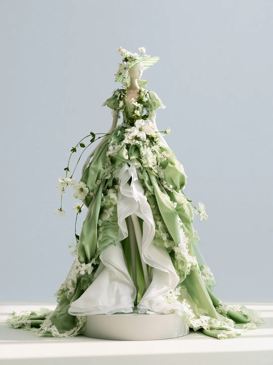 ✨Girlhomeshops-Sage Green Square Neck Puff Sleeve 3D Floral Satin Fairy Ball Gown gh10500