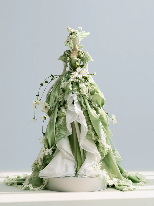 ✨Girlhomeshops-Sage Green Square Neck Puff Sleeve 3D Floral Satin Fairy Ball Gown gh10492