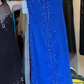 Spaghetti Strap Royal Blue Prom Dress Hand Beaded Rhinestone Ruched High Slit Chiffon Mermaid Evening Gown gh9827