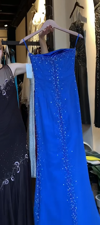 Spaghetti Strap Royal Blue Prom Dress Hand Beaded Rhinestone Ruched High Slit Chiffon Mermaid Evening Gown gh9827