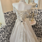 Silver Grey Off-the-Shoulder Cinched Waist Figure-Flattering Full Flared Skirt Long Romantic Dress, Wedding Gown gh7804