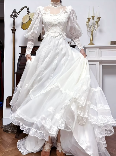 Ivory Vintage High‑Neck Tulle Wedding Dress, Puff Long Sleeve Bridal Prom Gown gh8743