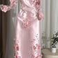 Robe de soirée rose en satin à manches longues et imprimé floral fait main gh7076