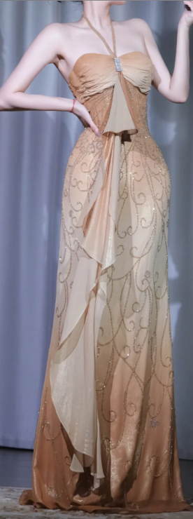 ✨Girlhomeshops-Halter Strapless Beaded Prom Dress, Ombre Champagne Ruffled Long Evening Gown gh9925