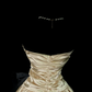 Champagne Satin Strapless Vintage Midi Prom Gown, Ruched Bodice, Large Side Black Satin Bow, High Fitted Waist, A‑Line Full Midi Skirt, Black Tulle Lining, Retro Cocktail Party Dress gh8876