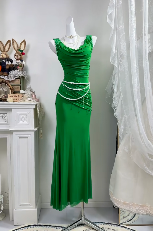 Green Cowl Neck Mermaid Long Evening Gown, Beaded Strap Ruched Formal Prom Dress gh9283