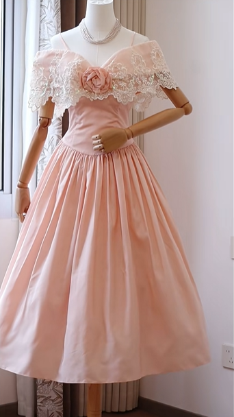 Blush Pink Off Shoulder Vintage Homecoming Dress Lace Trim Satin Full Midi Skirt Cocktail Gown gh9399