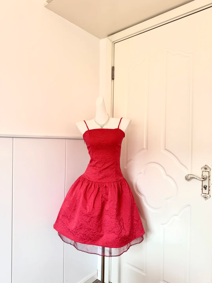 Women Bright Red Homecoming Dress, Spaghetti Strap Square Neck All‑Over Jacquard Fitted Bodice Flared A‑Line Mini Dress With Tulle Trim Hem gh9187