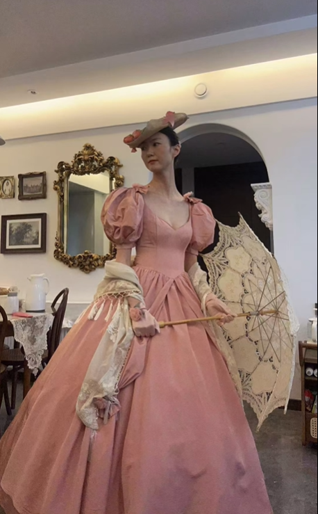 Vintage Pink Puff Sleeve Fitted Waist Princess Flared Skirt Prom & Evening Party Dress gh8498