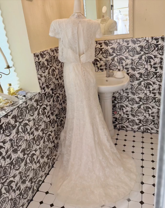 White Lace Overlay Satin Spaghetti Straps Cinched Waist Sexy Long Romantic Dress, Wedding Gown gh7827
