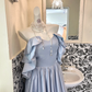 Light Blue Off-the-Shoulder Soft & Sexy Waist-Cinched Full Flared Skirt Long Romantic Dress, Wedding Gown gh7741