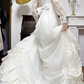 Ivory Vintage Tulle Lace Wedding Gown, V‑Neck With Frilled Stand Collar, Lace Lantern Long Sleeves, Lace Appliqués Empire Waist, Draped Ruched Skirt, Inner Lace Full Skirt With Long Train, Bridal Prom Dress gh8763